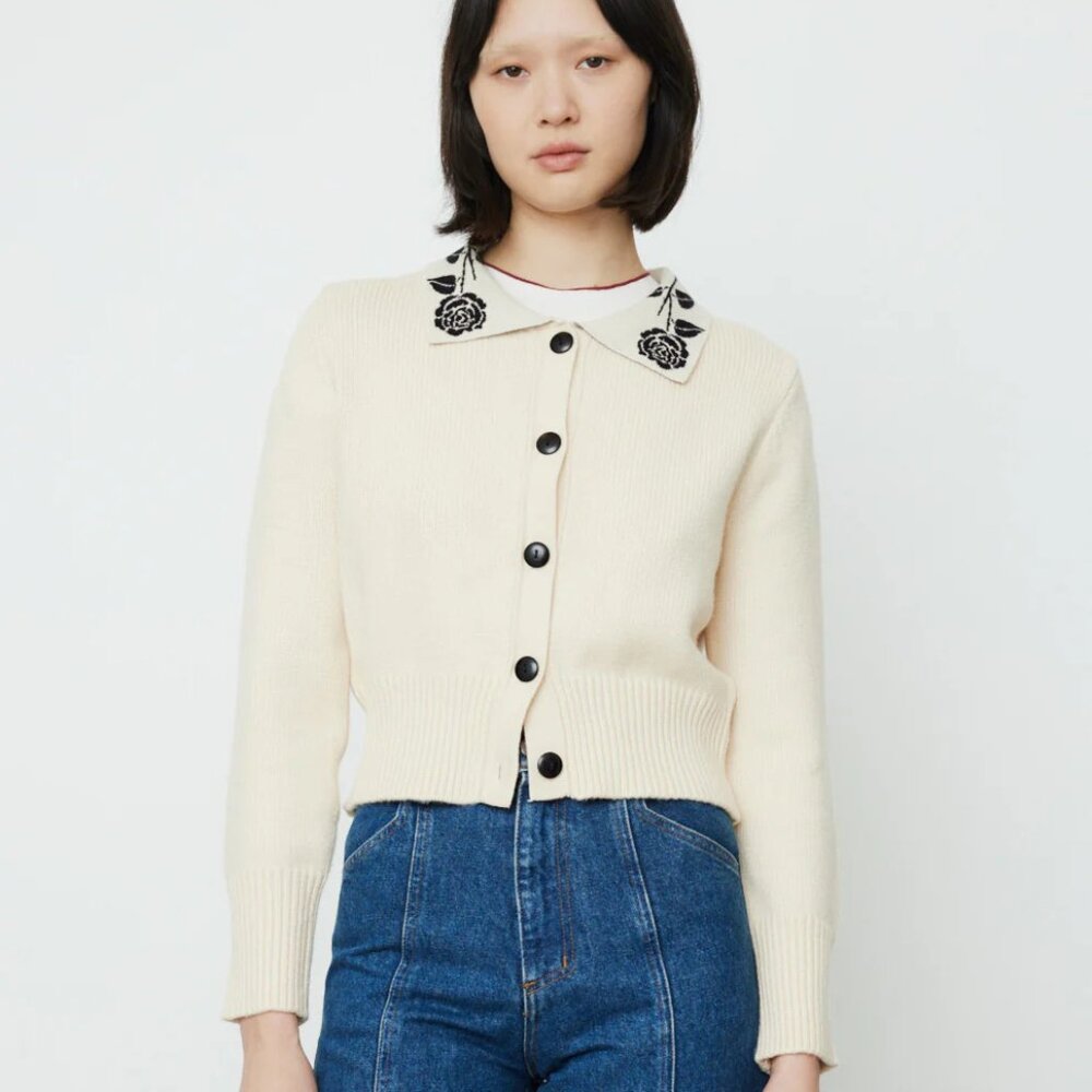 Lisa Says Gah Cream Button-Up Cardigan with Black Embroidered Collar